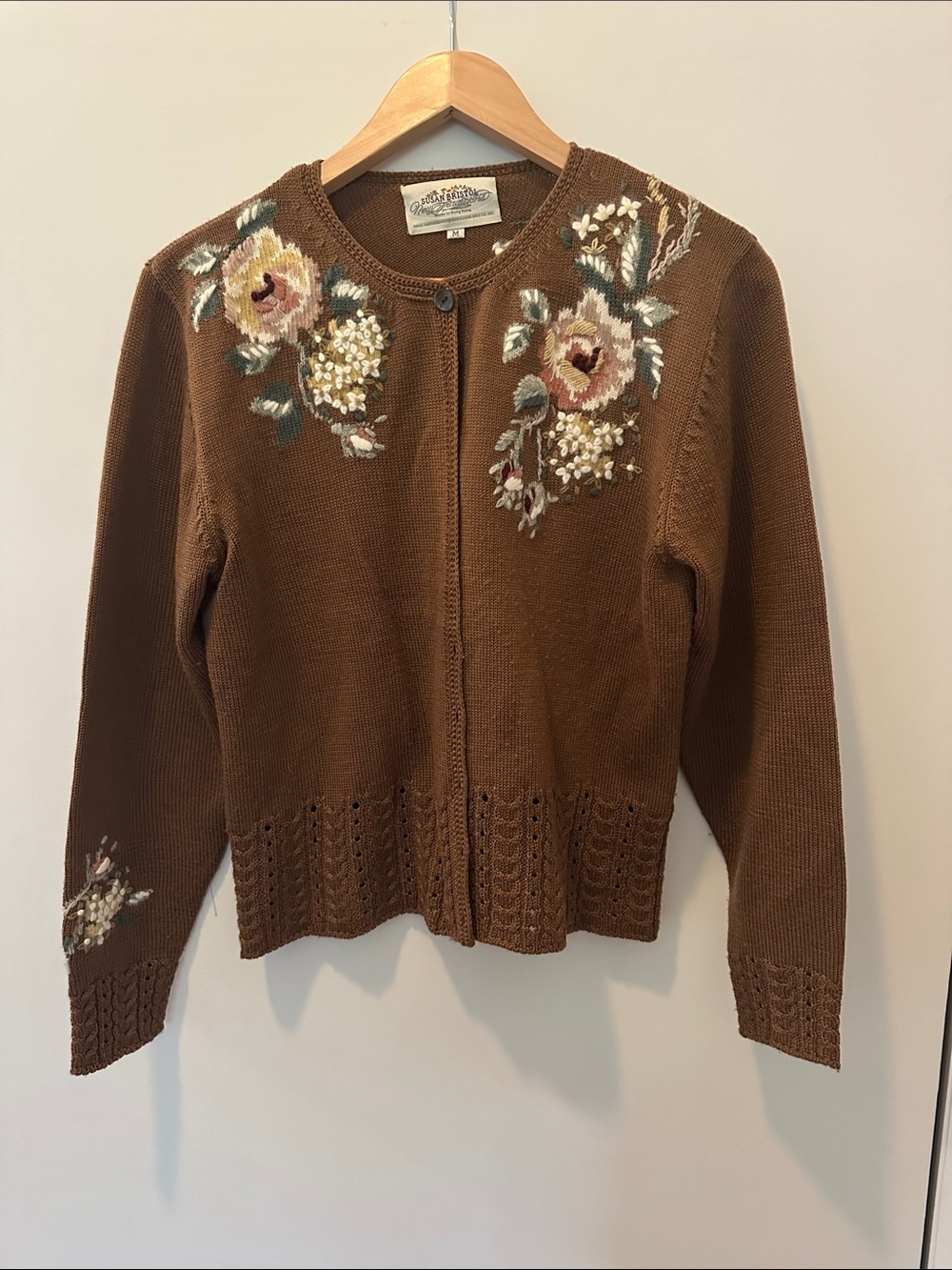 Susan Bristol Brown Floral Embroidered Cardigan with Cream and Green Accents